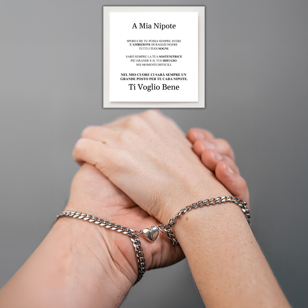 COPPIA DI BRACCIALI "CUORE UNIONE" CON CALAMITA E DEDICA