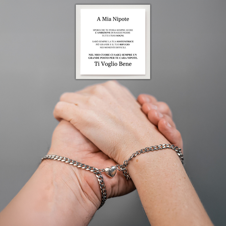 COPPIA DI BRACCIALI "CUORE UNIONE" CON CALAMITA E DEDICA